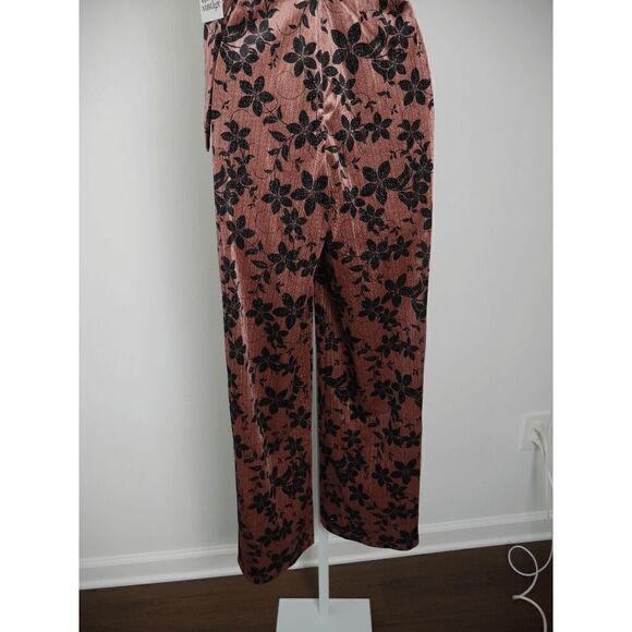 Unique Vintage mauve Sparkle & Black Floral Velvet Wide Leg Belted Jumpsuit XS - Picture 8 of 9